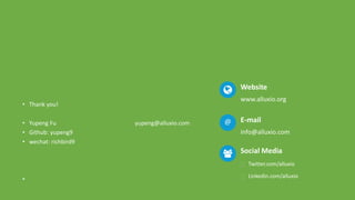 Twitter.com/alluxio
Linkedin.com/alluxio
Website
www.alluxio.com
E-mail
info@alluxio.com
@
Social Media
41
• Thank you!
• Yupeng Fu yupeng@alluxio.com
• Github: yupeng9
• wechat: richbird9
•
Twitter.com/alluxio
Linkedin.com/alluxio
Website
www.alluxio.org
E-mail
info@alluxio.com
@
Social Media
 