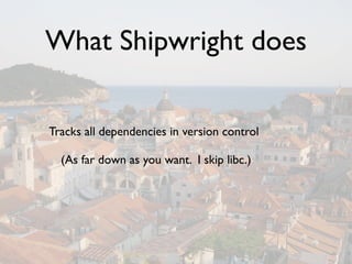 What Shipwright does

Tracks all dependencies in version control

  (As far down as you want. I skip libc.)
 
