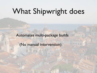 What Shipwright does

 Automates multi-package builds

  (No manual intervention)
 
