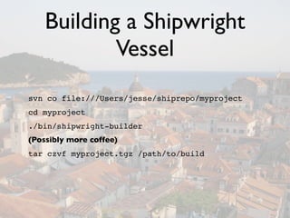 Building a Shipwright
            Vessel
svn co file:///Users/jesse/shiprepo/myproject
cd myproject
./bin/shipwright-builder
(Possibly more coffee)
tar czvf myproject.tgz /path/to/build
 