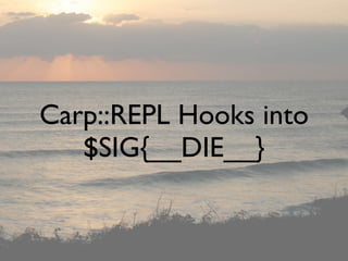 Carp::REPL Hooks into
   $SIG{__DIE__}
 