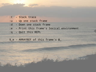:t   -   Stack trace
:u   -   Up one stack frame
:d   -   Down one stack frame
:e   -   Print this frame's lexical environment
:q   -   Quit this REPL

$_e - ARRAYREF of this frame's @_
 