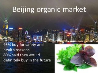 Beijing organic market



93% buy for safety and
health reasons
80% said they would
definitely buy in the future
 