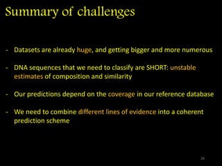 Summary of challenges
26
- Datasets are already huge, and getting bigger and more numerous
- DNA sequences that we need to classify are SHORT: unstable
estimates of composition and similarity
- Our predictions depend on the coverage in our reference database
- We need to combine different lines of evidence into a coherent
prediction scheme
 