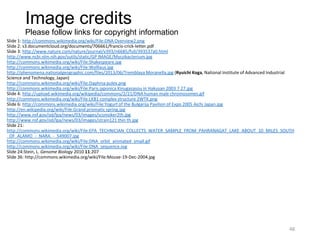 Image credits
Please follow links for copyright information
Slide 1: http://commons.wikimedia.org/wiki/File:DNA Overview2.png
Slide 2: s3.documentcloud.org/documents/706661/francis-crick-letter.pdf
Slide 3: http://www.nature.com/nature/journal/v393/n6685/full/393537a0.html
http://www.ncbi.nlm.nih.gov/sutils/static/GP IMAGE/Mycobacterium.jpg
http://commons.wikimedia.org/wiki/File:Shakespeare.jpg
http://commons.wikimedia.org/wiki/File:Wolllaus.jpg
http://phenomena.nationalgeographic.com/files/2013/06/Tremblaya Moranella.jpg (Ryuichi Koga, National Institute of Advanced Industrial
Science and Technology, Japan)
http://commons.wikimedia.org/wiki/File:Daphnia pulex.png
http://commons.wikimedia.org/wiki/File:Paris japonica Kinugasasou in Hakusan 2003 7 27.jpg
Slide 4: http://upload.wikimedia.org/wikipedia/commons/2/21/DNA human male chromosomes.gif
http://commons.wikimedia.org/wiki/File:LKB1 complex structure 2WTK.png
Slide 6: http://commons.wikimedia.org/wiki/File:Yogurt of the Bulgarija Pavilion of Expo 2005 Aichi Japan.jpg
http://en.wikipedia.org/wiki/File:Grand prismatic spring.jpg
http://www.nsf.gov/od/lpa/news/03/images/scsmoker2th.jpg
http://www.nsf.gov/od/lpa/news/03/images/strain121 thin th.jpg
Slide 21:
http://commons.wikimedia.org/wiki/File:EPA_TECHNICIAN_COLLECTS_WATER_SAMPLE_FROM_PAHRANAGAT_LAKE_ABOUT_10_MILES_SOUTH
_OF_ALAMO_-_NARA_-_549007.jpg
http://commons.wikimedia.org/wiki/File:DNA_orbit_animated_small.gif
http://commons.wikimedia.org/wiki/File:DNA_sequence.svg
Slide 24:Stein, L. Genome Biology 2010 11:207
Slide 36: http://commons.wikimedia.org/wiki/File:Mouse-19-Dec-2004.jpg
48
 