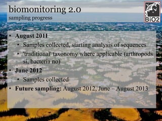 biomonitoring 2.0
sampling progress


• August 2011
   • Samples collected, starting analysis of sequences
   • 'traditional' taxonomy where applicable (arthropods
     si, bacteria no)
• June 2012
   • Samples collected
• Future sampling: August 2012, June – August 2013
 