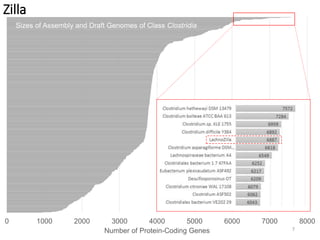 Sizes of Assembly and Draft Genomes of Class Clostridia 
0 1000 2000 3000 4000 5000 6000 7000 8000 
Number of Protein-Coding Genes 
Zilla 
7 
 