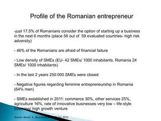 Profile of the Romanian entrepreneur 
-just 17.5% of Romanians consider the option of starting up a business in the next 6 months (place 56 out of 59 evaluated countries- high risk adversity) 
- 46% of the Romanians are afraid of financial failure 
- Low density of SMEs (EU- 42 SMEs/ 1000 inhabitants, Romania 24 SMEs/ 1000 inhabitants) 
- In the last 2 years 250.000 SMEs were closed 
- Negative figures regarding feminine entrepreneurship in Romania (64% men) 
- SMEs established in 2011: commerce 30%, other services 25%, agriculture 16%, rate of innovative businesses very low – life-style business/ high growth venture Source: Barzoi, V., Businesscover, 30th Oct. 2012  