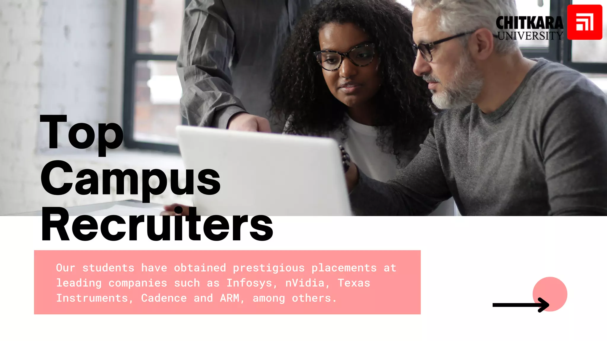 Our students have obtained prestigious placements at
leading companies such as Infosys, nVidia, Texas
Instruments, Cadence and ARM, among others.
Top
Campus
Recruiters
 
