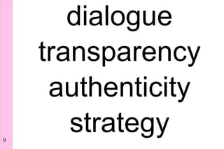 dialogue
    transparency
     authenticity
       strategy
9