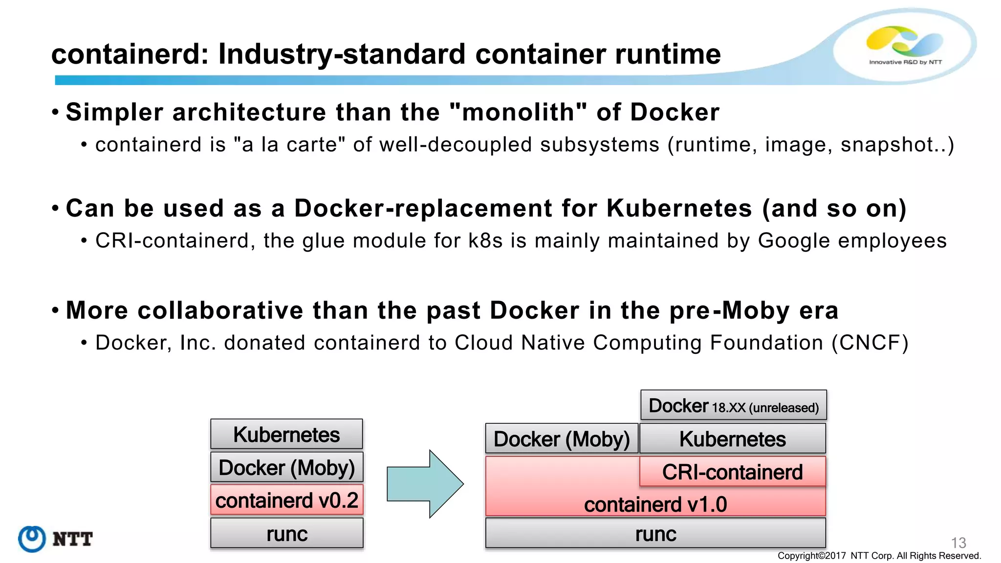 13
Copyright©2017 NTT Corp. All Rights Reserved.
containerd: Industry-standard container runtime
• Simpler architecture than the "monolith" of Docker
• containerd is "a la carte" of well-decoupled subsystems (runtime, image, snapshot..)
• Can be used as a Docker-replacement for Kubernetes (and so on)
• CRI-containerd, the glue module for k8s is mainly maintained by Google employees
• More collaborative than the past Docker in the pre-Moby era
• Docker, Inc. donated containerd to Cloud Native Computing Foundation (CNCF)
runc
containerd v1.0
CRI-containerd
KubernetesKubernetes
Docker (Moby)
runc
containerd v0.2
Docker (Moby)
Docker 18.XX (unreleased)
 