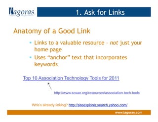 Tagoras<inquiry> <insight> <action>
www.tagoras.com
Anatomy of a Good Link
1. Ask for Links
  Links to a valuable resourc...