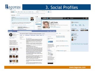 Tagoras<inquiry> <insight> <action>
www.tagoras.com
Social Network Accounts
3. Social Profiles
 