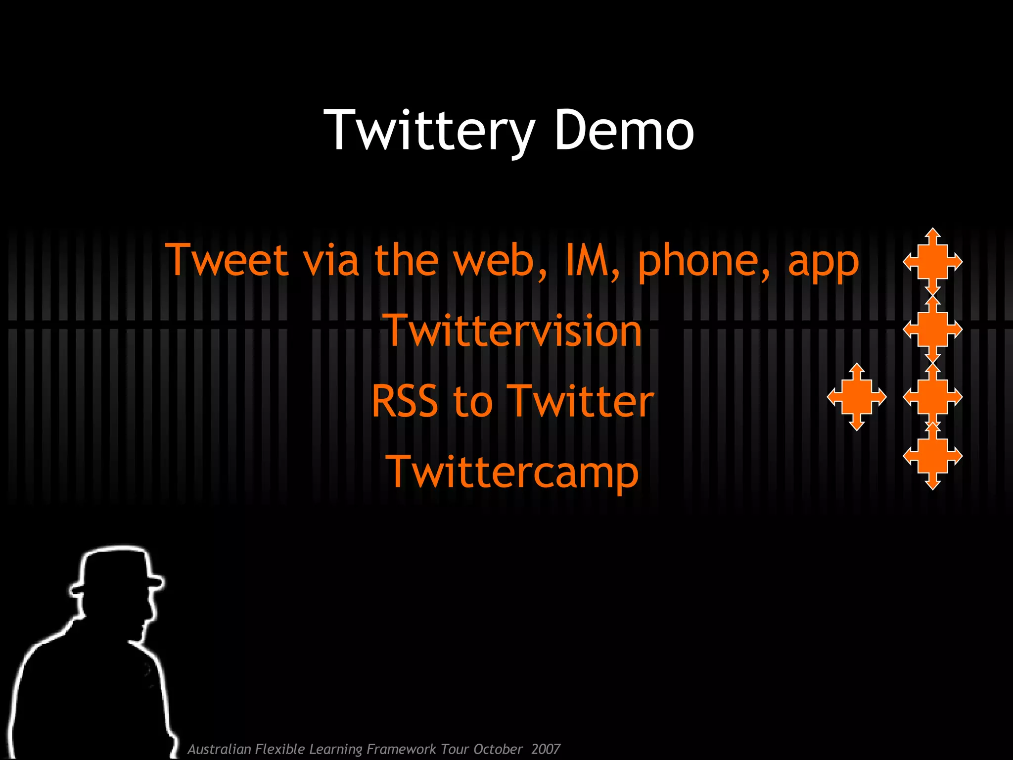 Twittery Demo Tweet via the web, IM, phone, app Twittervision RSS to Twitter Twittercamp 