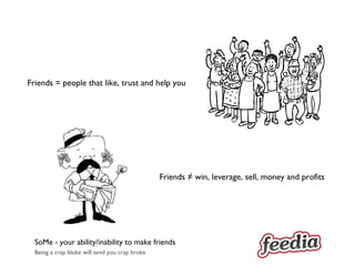 SoMe - your ability/inability to make friends Friends = people that like, trust and help you  Friends ≠ win, leverage, sell, money and profits 