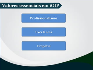 Valores essenciais em iGIP
Profissionalismo
Excelência
Empatia
 