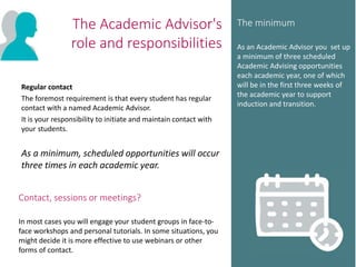 The Academic Advisor's
role and responsibilities
Regular contact
The foremost requirement is that every student has regular
contact with a named Academic Advisor.
It is your responsibility to initiate and maintain contact with
your students.
As a minimum, scheduled opportunities will occur
three times in each academic year.
The minimum
As an Academic Advisor you set up
a minimum of three scheduled
Academic Advising opportunities
each academic year, one of which
will be in the first three weeks of
the academic year to support
induction and transition.
Contact, sessions or meetings?
In most cases you will engage your student groups in face-to-
face workshops and personal tutorials. In some situations, you
might decide it is more effective to use webinars or other
forms of contact.
 