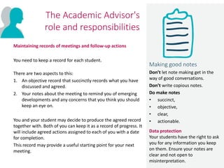 The Academic Advisor's
role and responsibilities
Maintaining records of meetings and follow-up actions
You need to keep a record for each student.
There are two aspects to this:
1. An objective record that succinctly records what you have
discussed and agreed.
2. Your notes about the meeting to remind you of emerging
developments and any concerns that you think you should
keep an eye on.
You and your student may decide to produce the agreed record
together with. Both of you can keep it as a record of progress. It
will include agreed actions assigned to each of you with a date
for completion.
This record may provide a useful starting point for your next
meeting.
Making good notes
Don’t let note making get in the
way of good conversations.
Don’t write copious notes.
Do make notes
• succinct,
• objective,
• clear,
• actionable.
Data protection
Your students have the right to ask
you for any information you keep
on them. Ensure your notes are
clear and not open to
misinterpretation.
 