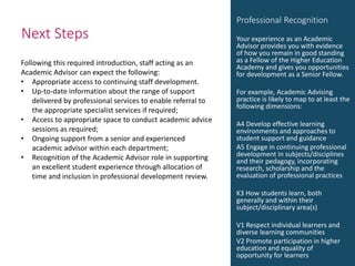 Next Steps
Links to:
Notes template
We strongly
encourage all
Academic Advisors
to establish a
Professional
Development
Portfolio to record
and reflect on
practice.
Link to Personal
Development
Planning space in
PebblePad
Following this required introduction, staff acting as an
Academic Advisor can expect the following:
• Appropriate access to continuing staff development.
• Up-to-date information about the range of support
delivered by professional services to enable referral to
the appropriate specialist services if required;
• Access to appropriate space to conduct academic advice
sessions as required;
• Ongoing support from a senior and experienced
academic advisor within each department;
• Recognition of the Academic Advisor role in supporting
an excellent student experience through allocation of
time and inclusion in professional development review.
Professional Recognition
Your experience as an Academic
Advisor provides you with evidence
of how you remain in good standing
as a Fellow of the Higher Education
Academy and gives you opportunities
for development as a Senior Fellow.
For example, Academic Advising
practice is likely to map to at least the
following dimensions:
A4 Develop effective learning
environments and approaches to
student support and guidance
A5 Engage in continuing professional
development in subjects/disciplines
and their pedagogy, incorporating
research, scholarship and the
evaluation of professional practices
K3 How students learn, both
generally and within their
subject/disciplinary area(s)
V1 Respect individual learners and
diverse learning communities
V2 Promote participation in higher
education and equality of
opportunity for learners
 