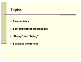 Topics

  Perspectives


  Self-directed neuroplasticity


  “Doing” and “being”


  Spacious awareness




                                   2
 