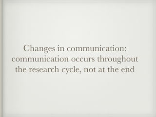 Changes in communication:
communication occurs throughout
the research cycle, not at the end
 