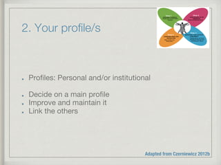 2. Your proﬁle/s
!   Proﬁles: Personal and/or institutional 
!   Decide on a main proﬁle
!   Improve and maintain it
!   Link the others
Adapted from Czerniewicz 2012b
 