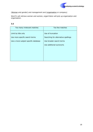Skills
Developing a search strategy
(Woman and gender) and management and (organisation or company)
Wom?n will retrieve woman and women, organi?ation will pick up organization and
organisation.
3.2
Too many irrelevant matches Too few matches
Limit by title only
Use more specific search terms
Use a more subject specific database
Use of truncation
Searching for alternative spellings
Use broader search terms
Use additional synonyms
18
 