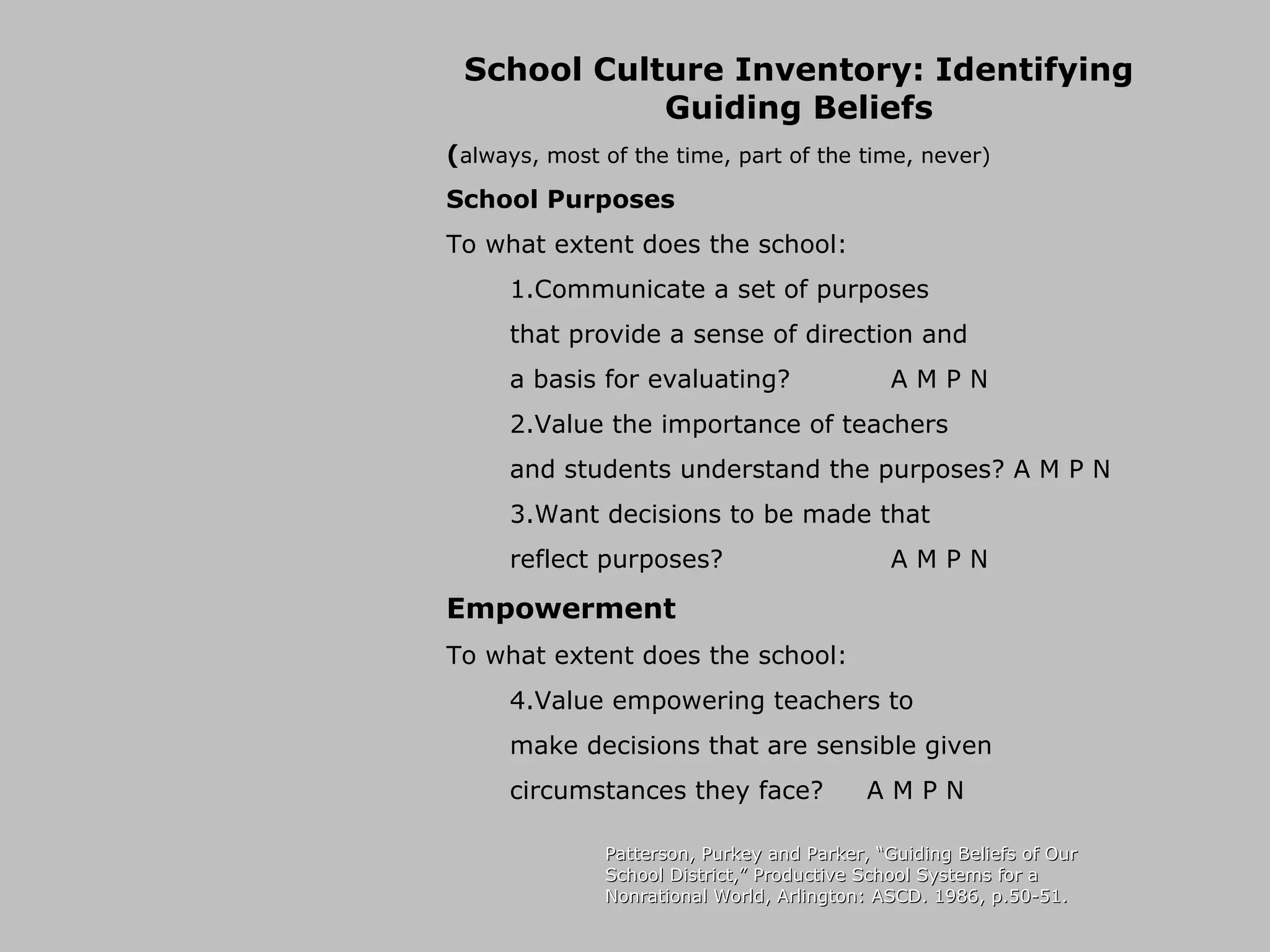 School Culture Inventory: Identifying Guiding Beliefs ( always, most of the time, part of the time, never) School Purposes To what extent does the school: 1.Communicate a set of purposes that provide a sense of direction and a basis for evaluating? A M P N 2.Value the importance of teachers and students understand the purposes? A M P N 3.Want decisions to be made that  reflect purposes? A M P N Empowerment To what extent does the school: 4.Value empowering teachers to  make decisions that are sensible given circumstances they face?  A M P N Patterson, Purkey and Parker, “Guiding Beliefs of Our School District,” Productive School Systems for a Nonrational World, Arlington: ASCD. 1986, p.50-51. 