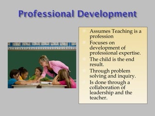 Assumes Teaching is a profession Focuses on development of professional expertise. The child is the end result. Through problem solving and inquiry. Is done through a collaboration of leadership and the teacher. 