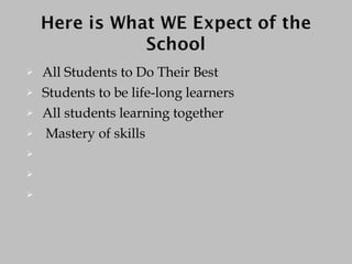 All Students to Do Their Best Students to be life-long learners All students learning together Mastery of skills   