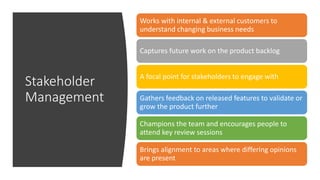 Stakeholder
Management
Works with internal & external customers to
understand changing business needs
Captures future work on the product backlog
A focal point for stakeholders to engage with
Gathers feedback on released features to validate or
grow the product further
Champions the team and encourages people to
attend key review sessions
Brings alignment to areas where differing opinions
are present
 