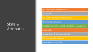 Skills &
Attributes
Has authority to make decisions
Can say ‘No’
Can resolve conflict over differing ideas
Open minded & curious
Great communication skills & Stakeholder Management
Responsible
Great product & domain knowledge
Entrepreneurial & visionary
Knows when to cut losses
 