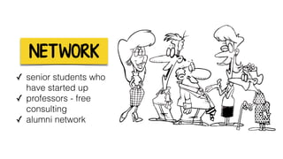 NET WORK
✓ senior students who
have started up
✓ professors - free
consulting
✓ alumni network
 