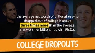 ST EVE JOBS LARRY ELLISON BILL GAT ES MARK ZUCKERBERGCOLLEGE DROPOUTS
the average net worth of billionaires who
dropped out of college is about 
three times more than the average
net worth of billionaires with Ph.D.s
 