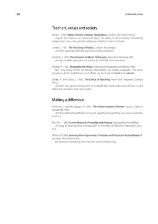 188                                                                        Further reading




      Teachers, values and society
      Beck, C. 1990. Better Schools: A Values Perspective. London: The Falmer Press.
        Argues that there is an important place for values in all schooling. Interesting
      chapters on race, class, gender, religious and ethnic bias in schools.

      Jarrett, J. 1991. The Teaching of Values. London: Routledge.
         Another good general discussion of values education.

      Rachels, J. 1995. The Elements of Moral Philosophy. New York: McGraw-Hill.
        A very readable general introduction to the field of moral values.

      Shutte, A. 1995. Philosophy for Africa. Milwaukee: Marquette University Press.
         Not very many books on African philosophy are readily available. This book
      provides a brief, readable account of the key principles of seriti and ubuntu.

      Strike, R. and Soltis, J. 1985. The Ethics of Teaching. New York: Teachers College
      Press.
         Another very good introduction to this field, this book makes use of many useful
      dilemma situations and case studies.



      Making a difference
      Kemmis, S. and McTaggart, R. 1981. The Action-research Planner. Victoria: Deakin
      University Press.
         A brief, practical handbook on how to go about researching your own classroom
      practice.

      McNiff, J. 1988. Action Research: Principles and Practice. Basingstoke: MacMillan.
         An easy-to-read general introduction to the field of reflective classroom prac-
      tice.

      Winter, R. 1989. Learning from Experience: Principles and Practice in Action Research.
      London: The Falmer Press.
        Includes an interesting short section on risk in teaching.
 