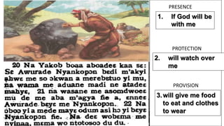 20 Then Jacob made a
vow, saying, “If God will be
with me and will watch over
me on this journey I am taking
and will give me food to eat
and clothes to wear
1. If God will be
with me
2. will watch over
me
3.will give me food
to eat and clothes
to wear
PRESENCE
PROTECTION
PROVISION
 