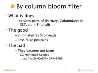 By column bloom ﬁlter
* What is does

- Includes pairs of (PartKey, ColumnKey) in
SSTable *-Filter.db

* The good

- Eliminated 98 % of reads
- Less false positives
* The bad
- They become too large
GC Promotion Failures
.. but ﬁxable (CASSANDRA-2466)

#CASSANDRAEU

 