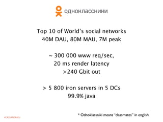 Top 10 of World’s social networks
40M DAU, 80M MAU, 7M peak
~ 300 000 www req/sec,
20 ms render latency
>240 Gbit out
> 5 800 iron servers in 5 DCs
99.9% java

#CASSANDRAEU

* Odnoklassniki means “classmates” in english

 