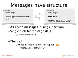 Messages have structure
Message (
chatId, msgId,

MessageCF (
chatId, msgId,

created, type,userIndex,deletedBy,...
text
)

data blob,
PRIMARY KEY ( chatId, msgId )

- All chat’s messages in single partition
- Single blob for message data
to reduce overhead

- The bad
Conﬂicting modiﬁcations can happen
(users, anti-spam, etc..)

#CASSANDRAEU

 