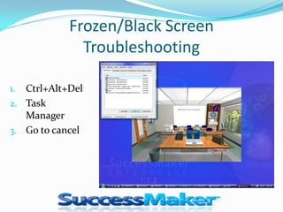 Frozen/Black Screen
              Troubleshooting

1. Ctrl+Alt+Del
2. Task
   Manager
3. Go to cancel
 