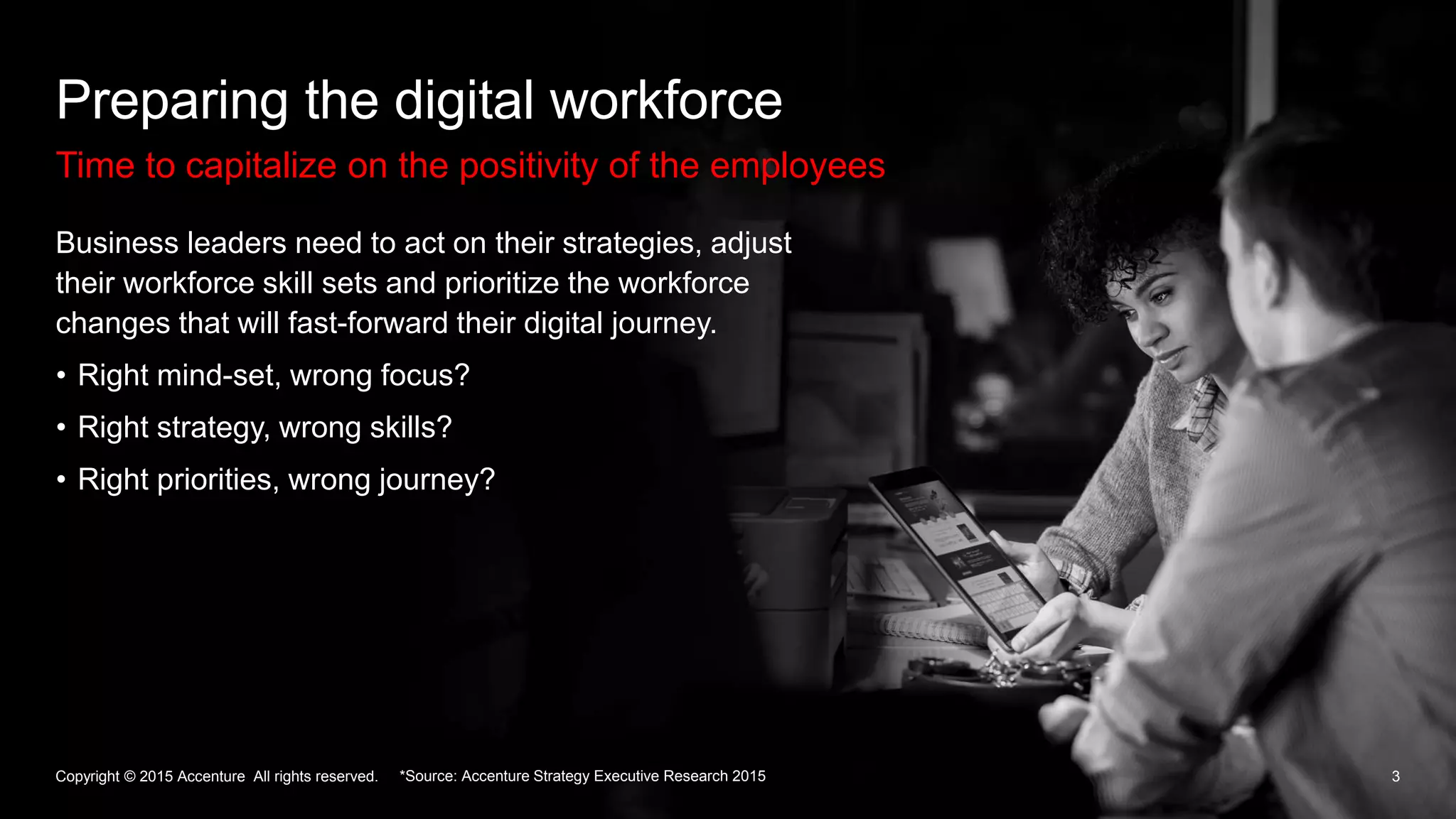 Time to capitalize on the positivity of the employees
Preparing the digital workforce
Copyright © 2015 Accenture All rights reserved. 3
Business leaders need to act on their strategies, adjust
their workforce skill sets and prioritize the workforce
changes that will fast-forward their digital journey.
• Right mind-set, wrong focus?
• Right strategy, wrong skills?
• Right priorities, wrong journey?
*Source: Accenture Strategy Executive Research 2015
 