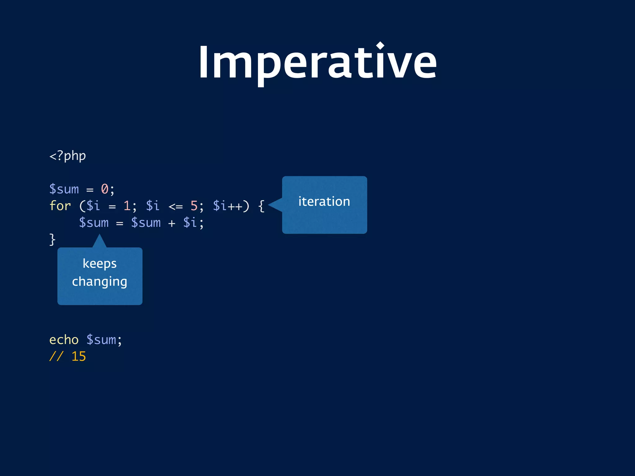 Imperative
<?php
$sum = 0;
for ($i = 1; $i <= 5; $i++) {
$sum = $sum + $i;
}
echo $sum;
// 15
iteration
keeps
changing
 