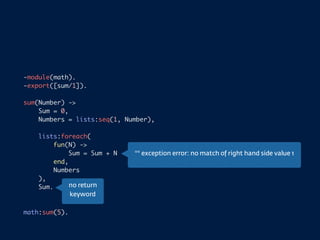 -module(math).
-export([sum/1]).
sum(Number) ->
Sum = 0,
Numbers = lists:seq(1, Number),
lists:foreach(
fun(N) ->
Sum = Sum + N
end,
Numbers
),
Sum.
math:sum(5).
no return
keyword
** exception error: no match of right hand side value 1
 
