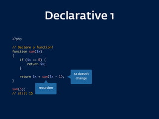 Declarative 1
<?php
// Declare a function!
function sum($x)
{
if ($x == 0) {
return $x;
}
return $x + sum($x - 1);
}
sum(5);
// still 15
$x doesn’t
change
recursion
 