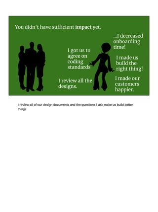 I made us
build the
right thing!
...I decreased
onboarding
time!
I made our
customers
happier.
You didn't have sufficient impact yet.
I got us to
agree on
coding
standards
I review all the
designs.
I review all of our design documents and the questions I ask make us build better
things.
 