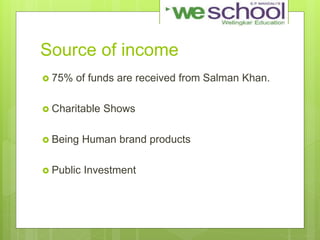 Source of income
 75% of funds are received from Salman Khan.
 Charitable Shows
 Being Human brand products
 Public Investment
 