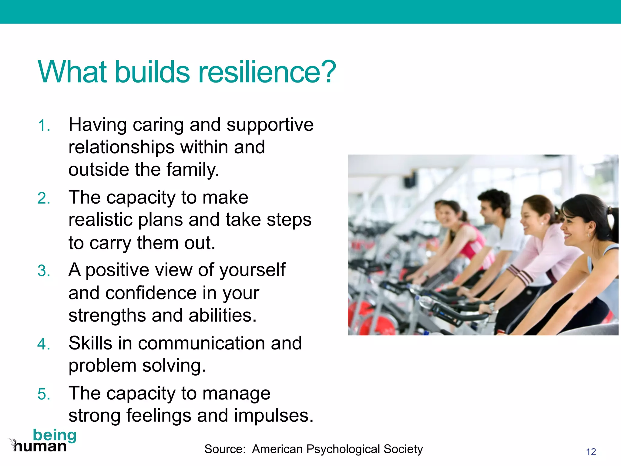 What builds resilience?
1.  Having caring and supportive
relationships within and
outside the family.
2.  The capacity to make
realistic plans and take steps
to carry them out.
3.  A positive view of yourself
and confidence in your
strengths and abilities.
4.  Skills in communication and
problem solving.
5.  The capacity to manage
strong feelings and impulses.
12Source: American Psychological Society
 