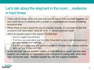 Let’s talk about the elephant in the room….resilience
in hard times
• There will be times when you feel that you’ve had to hold yourself together so
you could focus on dealing with a project or organisational issues or helping
everyone else
• When there is more space for you to process events, it’s common to feel the
emotions that have been “shut off’ while in almost survival mode
• What do people need in this space? To feel that:
• there is support around them
• That they are understood and that often these feelings are a normal response to
the experiences they have had
• It is normal to need time and space to be allowed to have these feelings and then
work out how to cope with them
• To be told that ‘we are resilient’ makes it more difficult to reach out and seek
support, as it sets up an expectation that everyone is coping well, when that
may not be the case. Resilient people tap into the support available.
15
 
