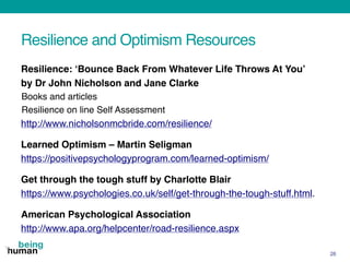 Resilience and Optimism Resources
Resilience: ‘Bounce Back From Whatever Life Throws At You’
by Dr John Nicholson and Jane Clarke
Books and articles
Resilience on line Self Assessment
http://www.nicholsonmcbride.com/resilience/
Learned Optimism – Martin Seligman
https://positivepsychologyprogram.com/learned-optimism/
Get through the tough stuff by Charlotte Blair
https://www.psychologies.co.uk/self/get-through-the-tough-stuff.html.
American Psychological Association
http://www.apa.org/helpcenter/road-resilience.aspx
26
 