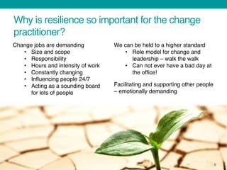 6
Why is resilience so important for the change
practitioner?
Change jobs are demanding
• Size and scope
• Responsibility
• Hours and intensity of work
• Constantly changing
• Influencing people 24/7
• Acting as a sounding board
for lots of people
We can be held to a higher standard
• Role model for change and
leadership – walk the walk
• Can not ever have a bad day at
the office!
Facilitating and supporting other people
– emotionally demanding
 